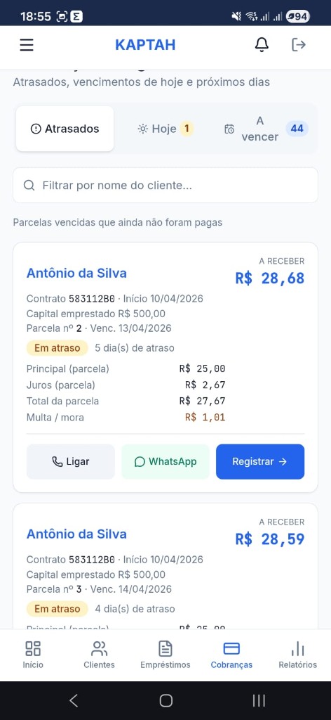KAPTAH — Painel de cobranças e parcelas vencidas